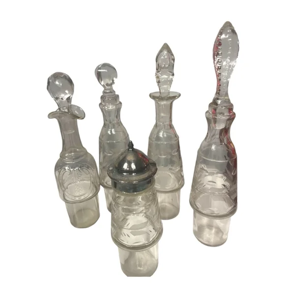 Wilcox? 5 etched glass bottle cruet Condiment Set castor silver plated antique? - Picture 6 of 12